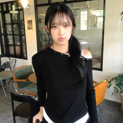 Asymmetrical Studded Layered Off-Shoulder Long Sleeve Tee