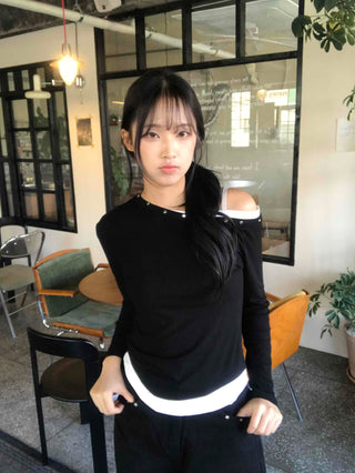 Asymmetrical Studded Layered Off-Shoulder Long Sleeve Tee