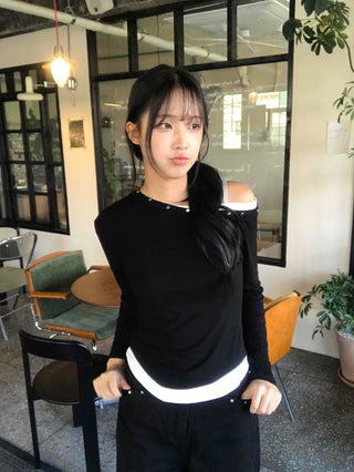 Asymmetrical Studded Layered Off-Shoulder Long Sleeve Tee