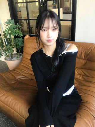Asymmetrical Studded Layered Off-Shoulder Long Sleeve Tee