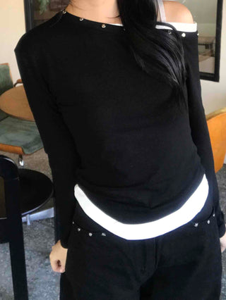 Asymmetrical Studded Layered Off-Shoulder Long Sleeve Tee