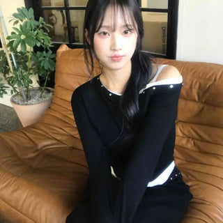 Asymmetrical Studded Layered Off-Shoulder Long Sleeve Tee