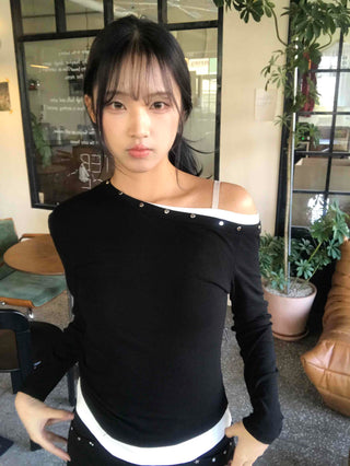 Asymmetrical Studded Layered Off-Shoulder Long Sleeve Tee