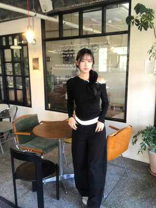 Asymmetrical Studded Layered Off-Shoulder Long Sleeve Tee