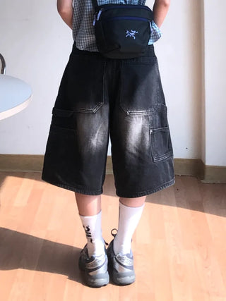 Pony Side Strap Pocket Vintage Washed Denim Bermuda Pants