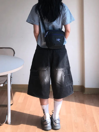 Pony Side Strap Pocket Vintage Washed Denim Bermuda Pants