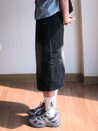 Pony Side Strap Pocket Vintage Washed Denim Bermuda Pants