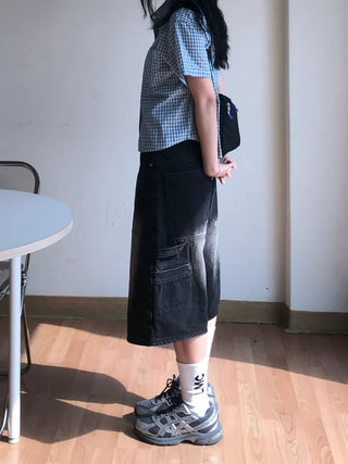 Pony Side Strap Pocket Vintage Washed Denim Bermuda Pants