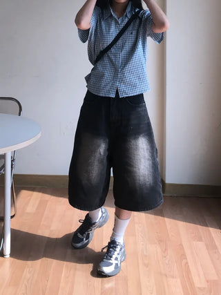 Pony Side Strap Pocket Vintage Washed Denim Bermuda Pants