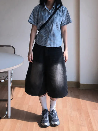 Pony Side Strap Pocket Vintage Washed Denim Bermuda Pants