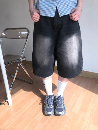 Pony Side Strap Pocket Vintage Washed Denim Bermuda Pants