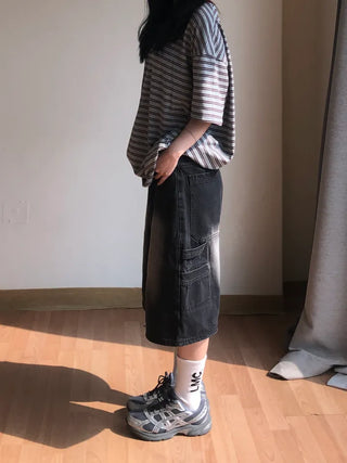 Pony Side Strap Pocket Vintage Washed Denim Bermuda Pants