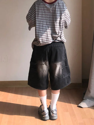Pony Side Strap Pocket Vintage Washed Denim Bermuda Pants