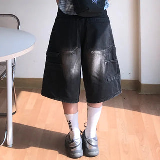 Pony Side Strap Pocket Vintage Washed Denim Bermuda Pants
