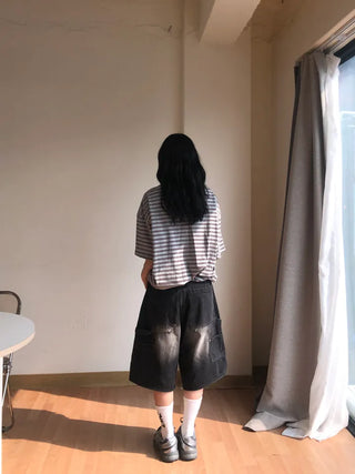 Pony Side Strap Pocket Vintage Washed Denim Bermuda Pants