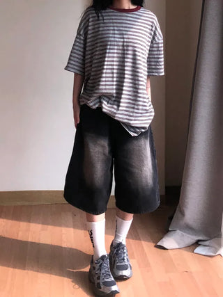 Pony Side Strap Pocket Vintage Washed Denim Bermuda Pants