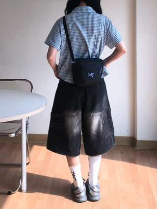 Pony Side Strap Pocket Vintage Washed Denim Bermuda Pants