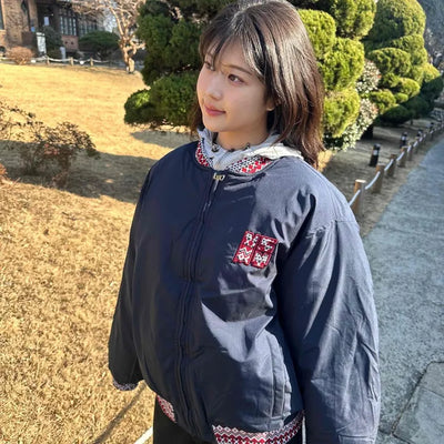 Short Loose Padded Jacket with Vintage Patch Point