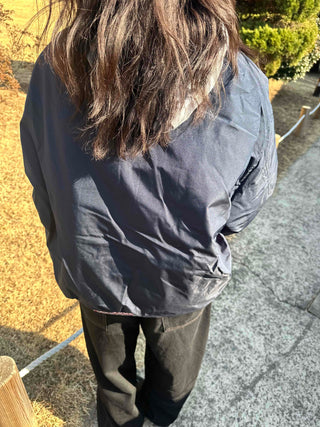 Short Loose Padded Jacket with Vintage Patch Point