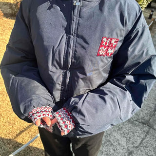 Short Loose Padded Jacket with Vintage Patch Point