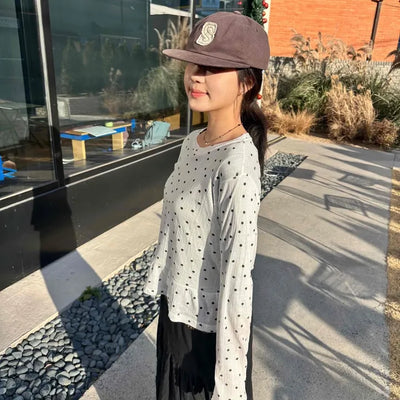Dot See-through Crop Frill Long Sleeve T-shirt