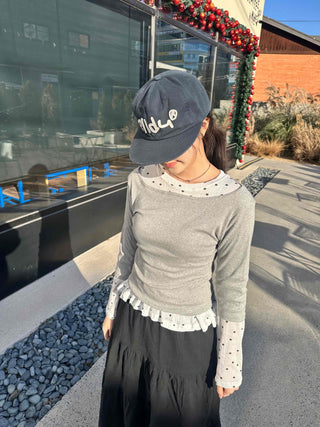 Dot See-through Crop Frill Long Sleeve T-shirt