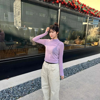 Soft See-through Half-Neck Slim Layered Long Sleeve Tee