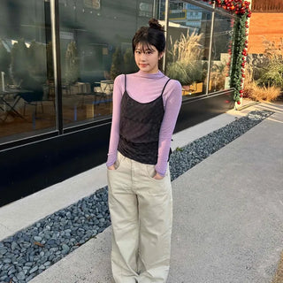 Soft See-through Half-Neck Slim Layered Long Sleeve Tee