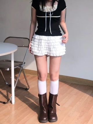 Kimel Ribbon Lace Puff Sleeve Short Sleeve Tee