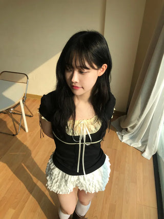 Kimel Ribbon Lace Puff Sleeve Short Sleeve Tee