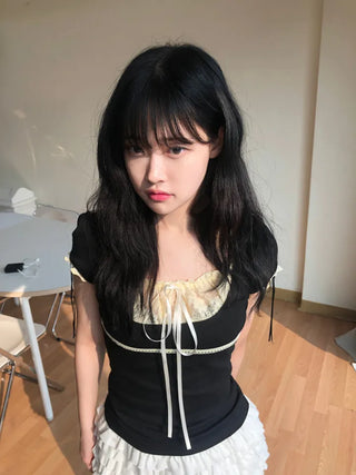 Kimel Ribbon Lace Puff Sleeve Short Sleeve Tee