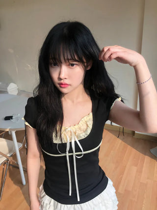 Kimel Ribbon Lace Puff Sleeve Short Sleeve Tee