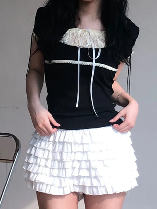 Kimel Ribbon Lace Puff Sleeve Short Sleeve Tee