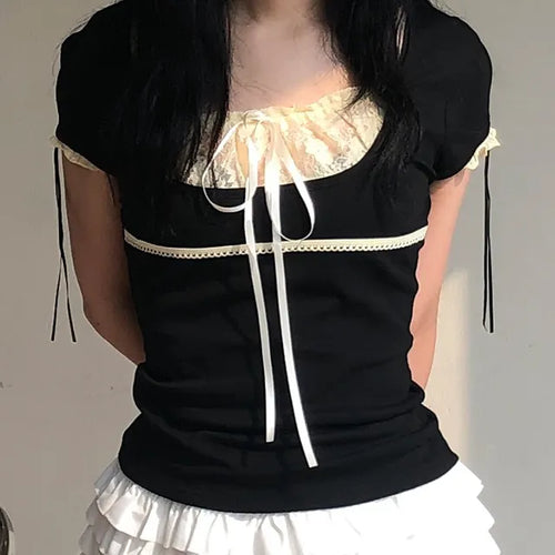 Kimel Ribbon Lace Puff Sleeve Short Sleeve Tee
