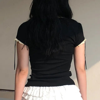 Kimel Ribbon Lace Puff Sleeve Short Sleeve Tee