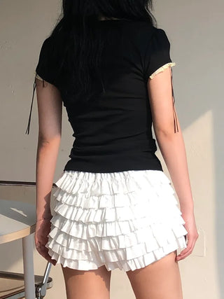 Kimel Ribbon Lace Puff Sleeve Short Sleeve Tee