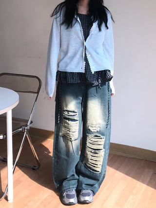 Mure ✱y2k✱ Hip Mood Distressed Damaged Washed Denim Pants