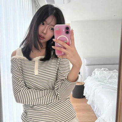 Button Stripe Off-Shoulder Long Sleeve T-shirt