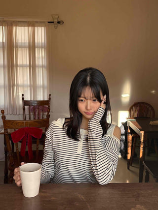 Button Stripe Off-Shoulder Long Sleeve T-shirt