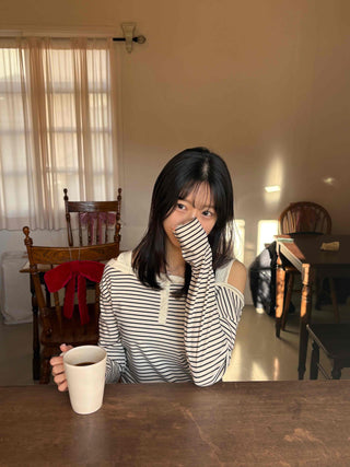 Button Stripe Off-Shoulder Long Sleeve T-shirt