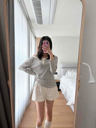 Button Stripe Off-Shoulder Long Sleeve T-shirt