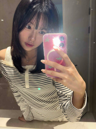 Button Stripe Off-Shoulder Long Sleeve T-shirt