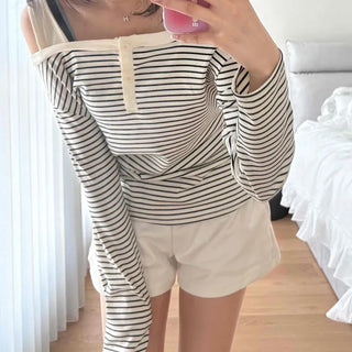 Button Stripe Off-Shoulder Long Sleeve T-shirt