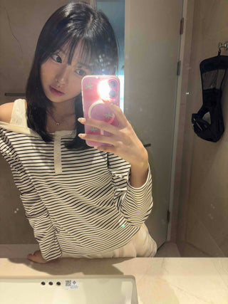 Button Stripe Off-Shoulder Long Sleeve T-shirt