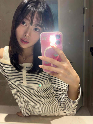 Button Stripe Off-Shoulder Long Sleeve T-shirt