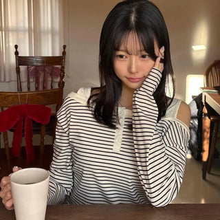Button Stripe Off-Shoulder Long Sleeve T-shirt