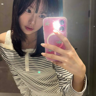 Button Stripe Off-Shoulder Long Sleeve T-shirt