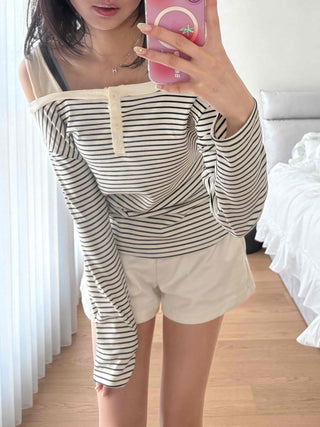 Button Stripe Off-Shoulder Long Sleeve T-shirt