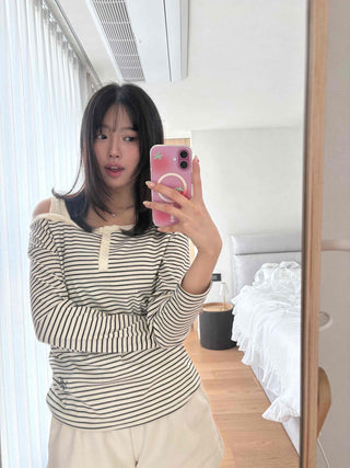 Button Stripe Off-Shoulder Long Sleeve T-shirt