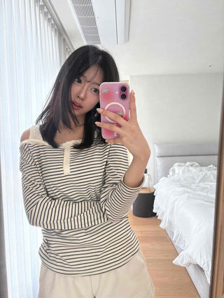 Button Stripe Off-Shoulder Long Sleeve T-shirt